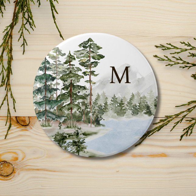 Monogrammed Green Pine Forest and Lake 3 Inch Round Button (In situ)