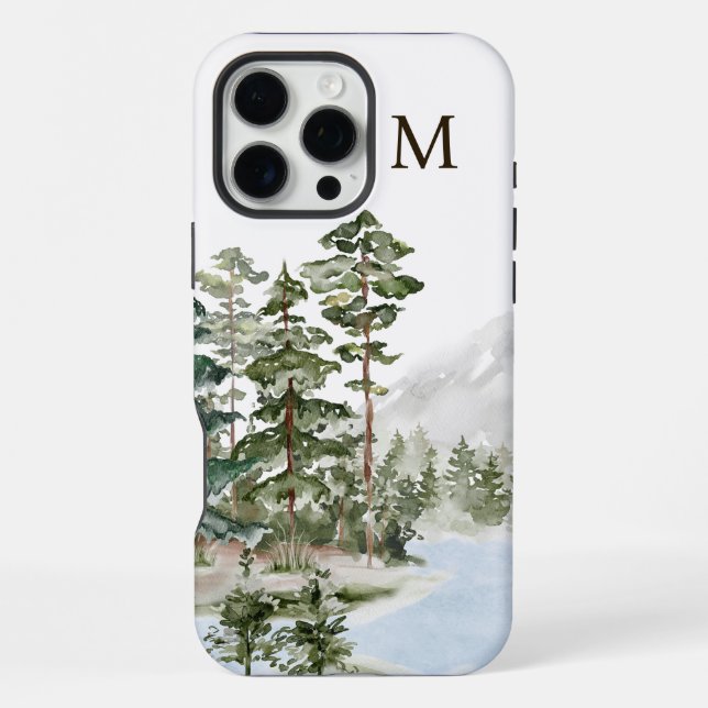 Monogrammed Green Pine Forest and Lake iPhone Case (Back)