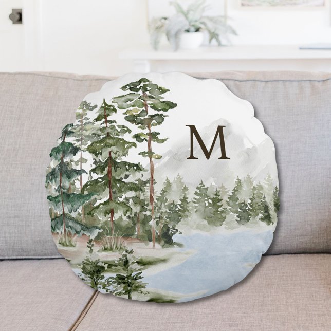 Monogrammed Green Pine Forest and Lake Round Pillow (In situ)