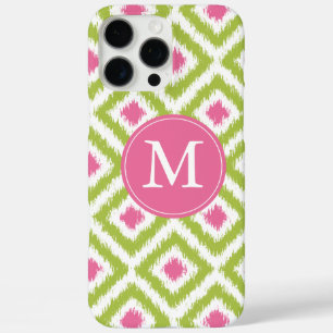 Monogrammed Green Pink Diamond Ikat Pattern iPhone 16 Pro Max Case