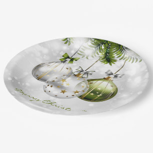 Monogrammed Green Silver Gold Christmas Ornaments Paper Plate