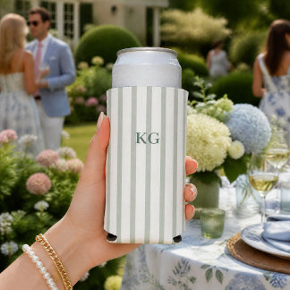 Monogrammed Green Stripe  Seltzer Can Cooler