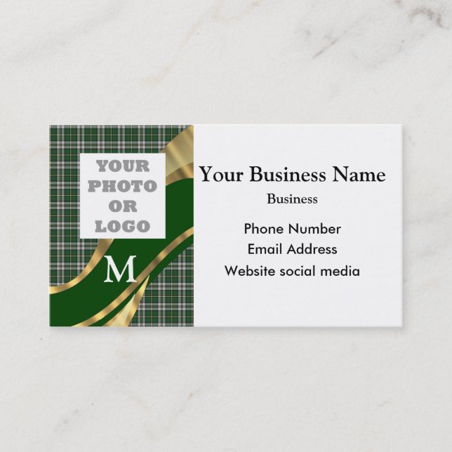 Monogrammed green tartan plaid company logo appointment card (Front)