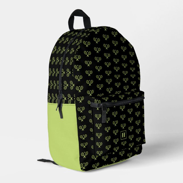Monogrammed Green Tennis Racket Pattern Printed Backpack (Back Corner Left)