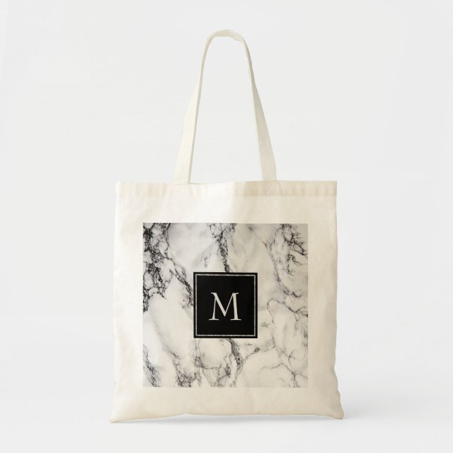 Monogrammed Grey And Black Marble Pattern Tote Bag (Front)