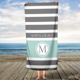 Monogrammed Grey and Mint Stripes Bath Towel