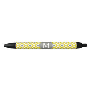 Monogrammed Grey and Yellow Diamonds Ikat Pattern Black Ink Pen
