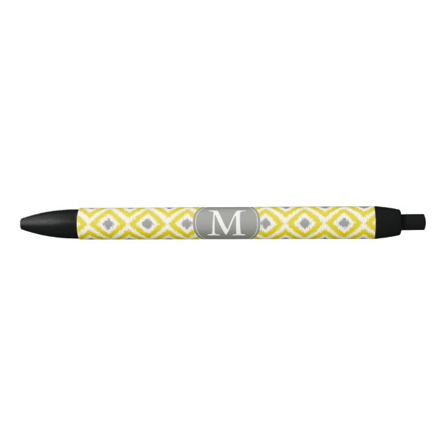 Monogrammed Grey and Yellow Diamonds Ikat Pattern Black Ink Pen (Front)
