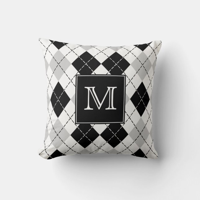 Monogrammed Grey Black and White Argyle Throw Pillow (Front)