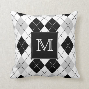 Monogrammed Grey Black and White Argyle Throw Pillow