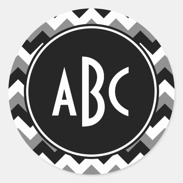 Monogrammed Grey Black and White Zigzag Classic Round Sticker (Front)