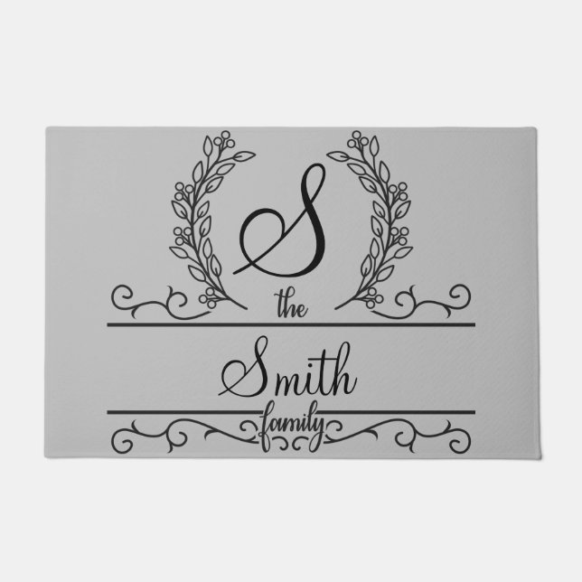 Monogrammed Grey Black Family Name Doormat (Front)