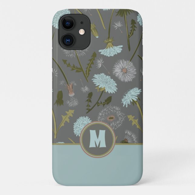 Monogrammed Grey Blue Dandelion Whimsical Flowers Case-Mate iPhone Case (Back)