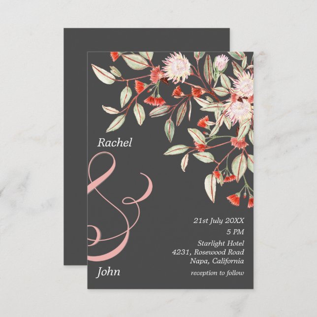 Monogrammed Grey & Blush Australian Floral Wedding Invitation (Front/Back)