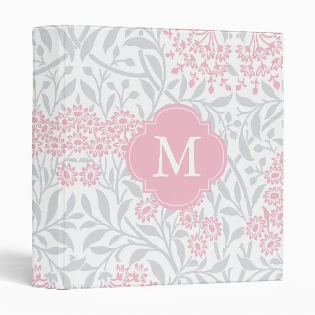 Monogrammed Grey Pink Floral Damask Pattern Binder (Front/Spine)
