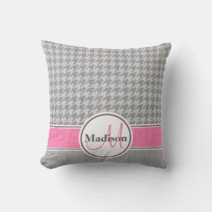 Monogrammed Grey Pink Houndstooth Pattern Throw Pillow