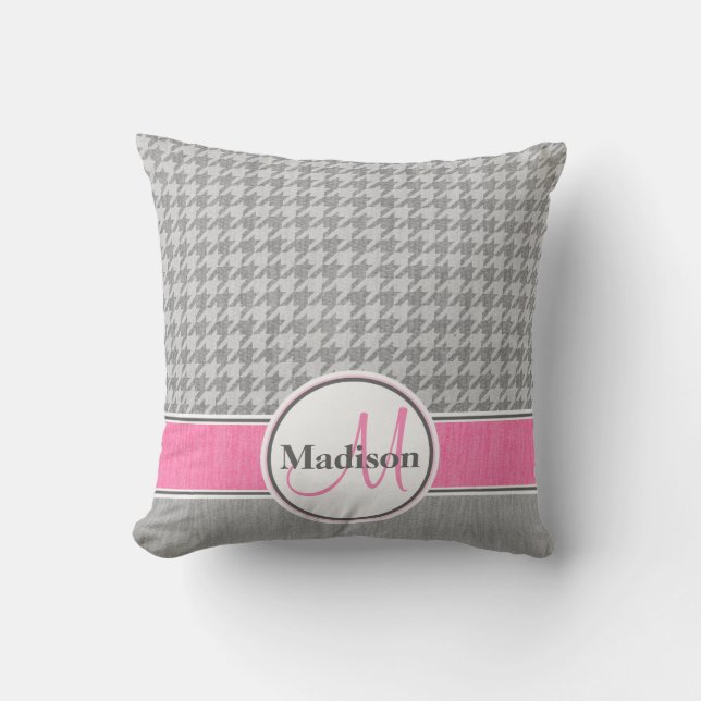 Monogrammed Grey Pink Houndstooth Pattern Throw Pillow (Front)