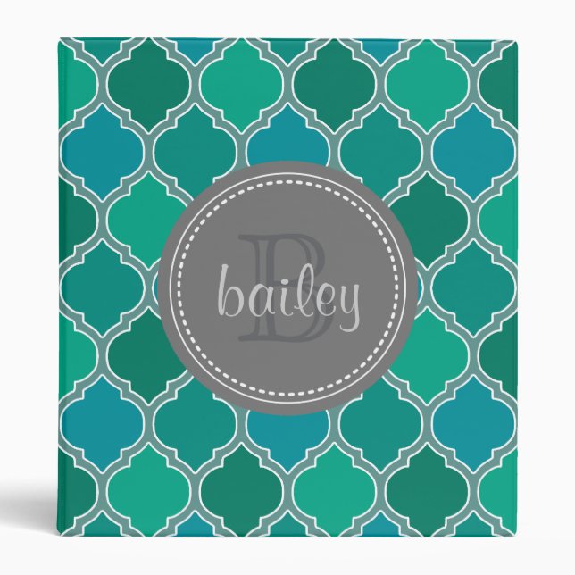Monogrammed Grey Teal Modern Lattice Pattern Binder (Front)