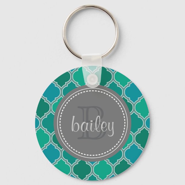 Monogrammed Grey Teal Modern Lattice Pattern Keychain (Front)