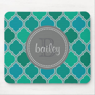 Monogrammed Grey Teal Modern Lattice Pattern Mouse Pad