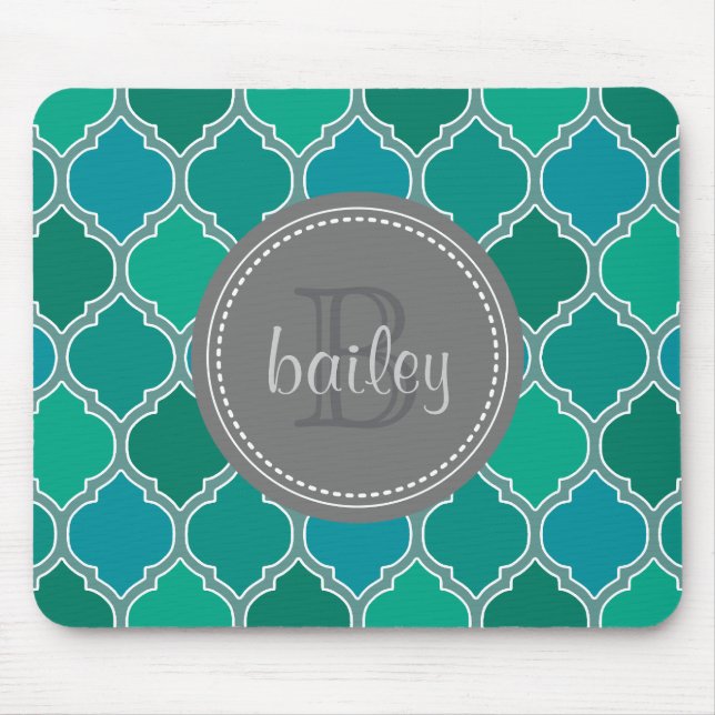 Monogrammed Grey Teal Modern Lattice Pattern Mouse Pad (Front)