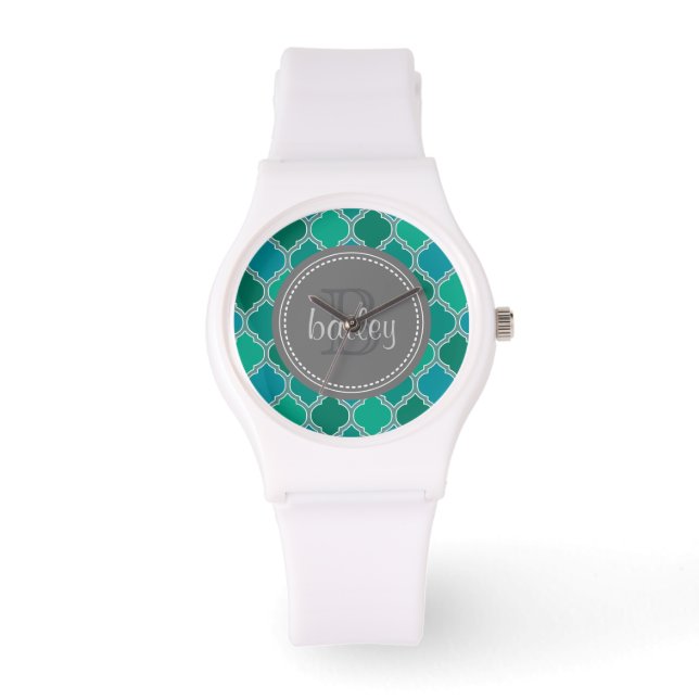 Monogrammed Grey Teal Modern Lattice Pattern Watch (Front)