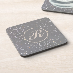 Monogrammed Grey Terrazzo Stone Coaster