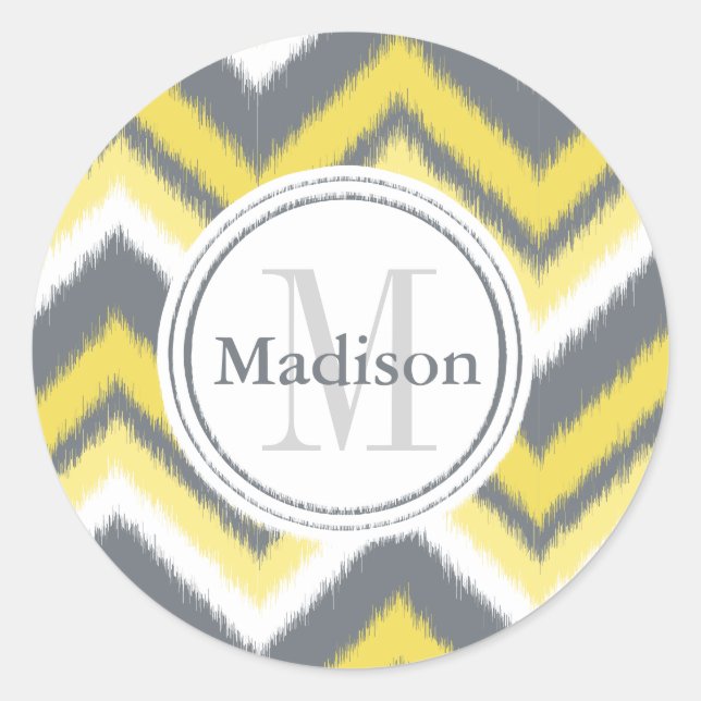 Monogrammed Grey Yellow Ikat Chevron Pattern Classic Round Sticker (Front)