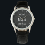 Monogrammed Groomsman Bestman Father Groom Bride Watch<br><div class="desc">This watch has 3 text fields allows you to add up to three initials for a monogram,  a title (bestman,  groomsman,  ringbearer usher father of the bride or groom) and a date of the wedding or other text as desired. Keep the words short to ensure they fit the space.</div>