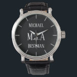 Monogrammed Groomsman Bestman Father Groom Bride Watch<br><div class="desc">This watch has 3 text fields allows you to add up to three initials for a monogram,  a title (bestman,  groomsman,  ringbearer usher father of the bride or groom) and a date of the wedding or other text as desired. Keep the words short to ensure they fit the space.</div>