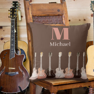 Monogrammed Guitar Pattern Brown Throw Pillow