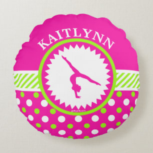Monogrammed Gymnastics Pink and Green Polka-Dots Round Pillow