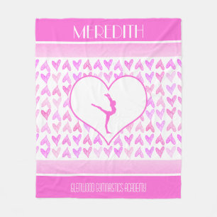 Monogrammed Gymnastics Pink Watercolor Hearts Fleece Blanket