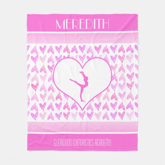 Monogrammed Gymnastics Pink Watercolor Hearts Fleece Blanket