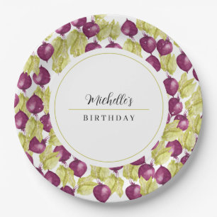 Monogrammed Hand-painted Beetroot Watercolor Art Paper Plate