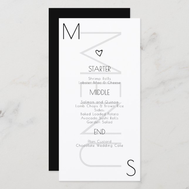 Monogrammed  Heart Wedding Black White Menu (Front/Back)