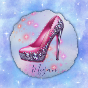 Monogrammed High Heel in Glitter Pink on Blue   Round Pillow