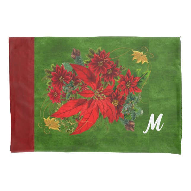 Monogrammed Holiday Floral Poinsettias Pillowcase (Front)