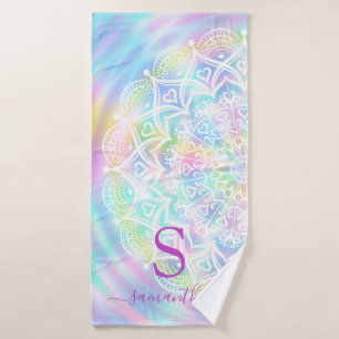 Monogrammed Holographic Pastel Neon Rainbow Bath Towel