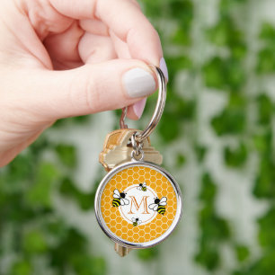 Monogrammed Honeycomb Pattern with Bees Keychain