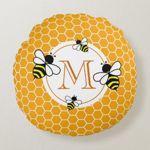 Monogrammed Honeycomb Pattern with Bees Round Pillow
