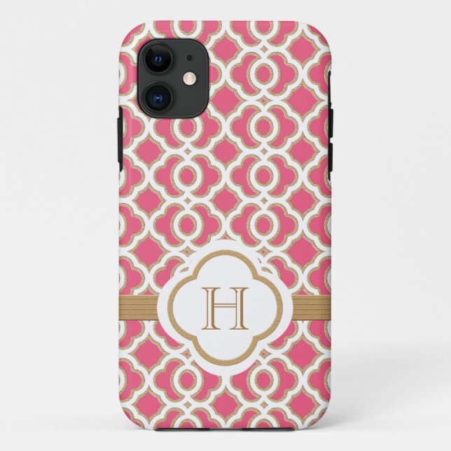 Monogrammed Hot Pink and Gold Moroccan Case-Mate iPhone Case (Back)