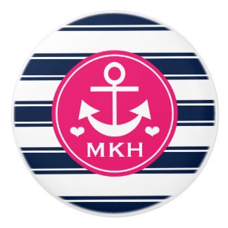 Monogrammed Hot Pink and Navy Anchor Ceramic Knob