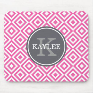 Monogrammed Hot Pink Geometric Diamond Pattern Mouse Pad