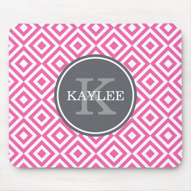 Monogrammed Hot Pink Geometric Diamond Pattern Mouse Pad (Front)