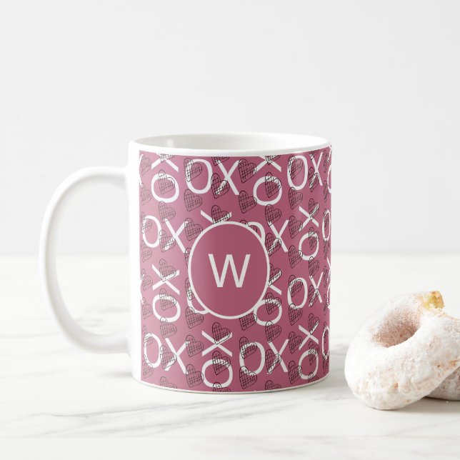Monogrammed  Hugs Kisses XOXO Pink Coffee Mug (With Donut)