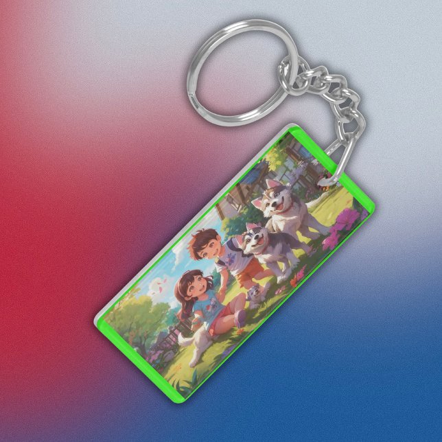 Monogrammed Husky Dogs having fun with kids | Keychain (Creator Uploaded)