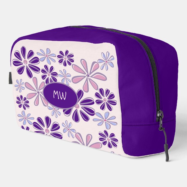 Monogrammed Indigo Pink Flower Doodle Pattern Dopp Kit (Right Corner)