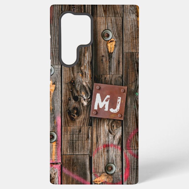 Monogrammed Industrial Rustic Wood Pattern Samsung Galaxy S22 Ultra Case (Back)