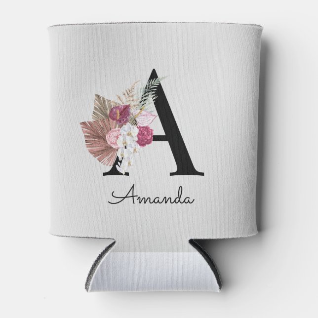 Monogrammed Initial A Pink Boho Girly Floral  Can Cooler (Front)